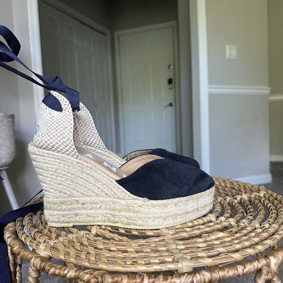 MANEBI Soft Suede Low Wedge Espadrilles Hamptons Patriot Blue EU 38 US 7.5 - Picture 4 of 12